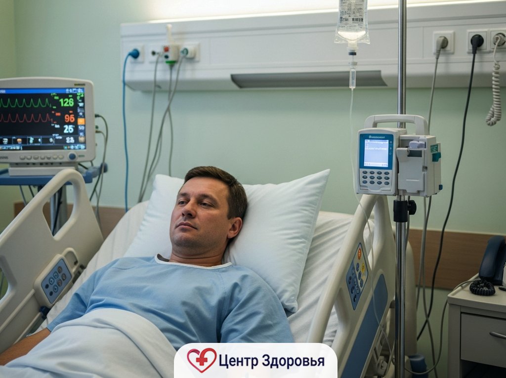 Пациент лежит под капельницей в палате